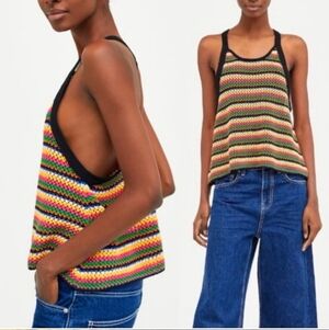 ZARA Knit Multicolor Crochet Oversized Racerback Top Colorful Stripe M